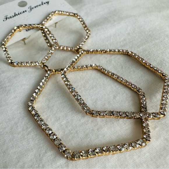 Pave Crystal Geometric Drop Earrings Gold Tone - Picture 7 of 13